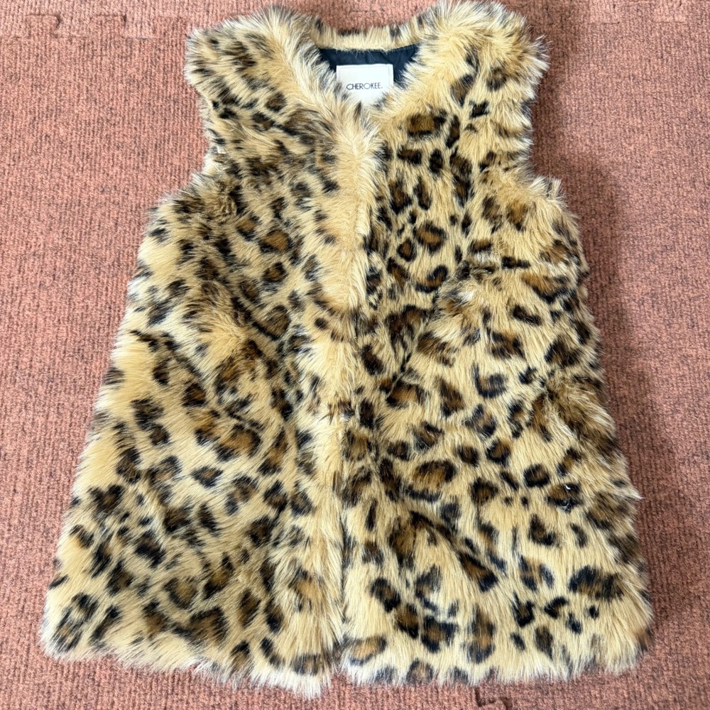 Cherokee Women Leopard Print Faux Fur Vest Brown Tan Small S Sleeveless Jacket
